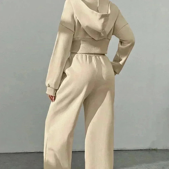 Khaki Casual Women's Zipper Front Hoodie And Pants Two Piece Set - Picture 4 of 7